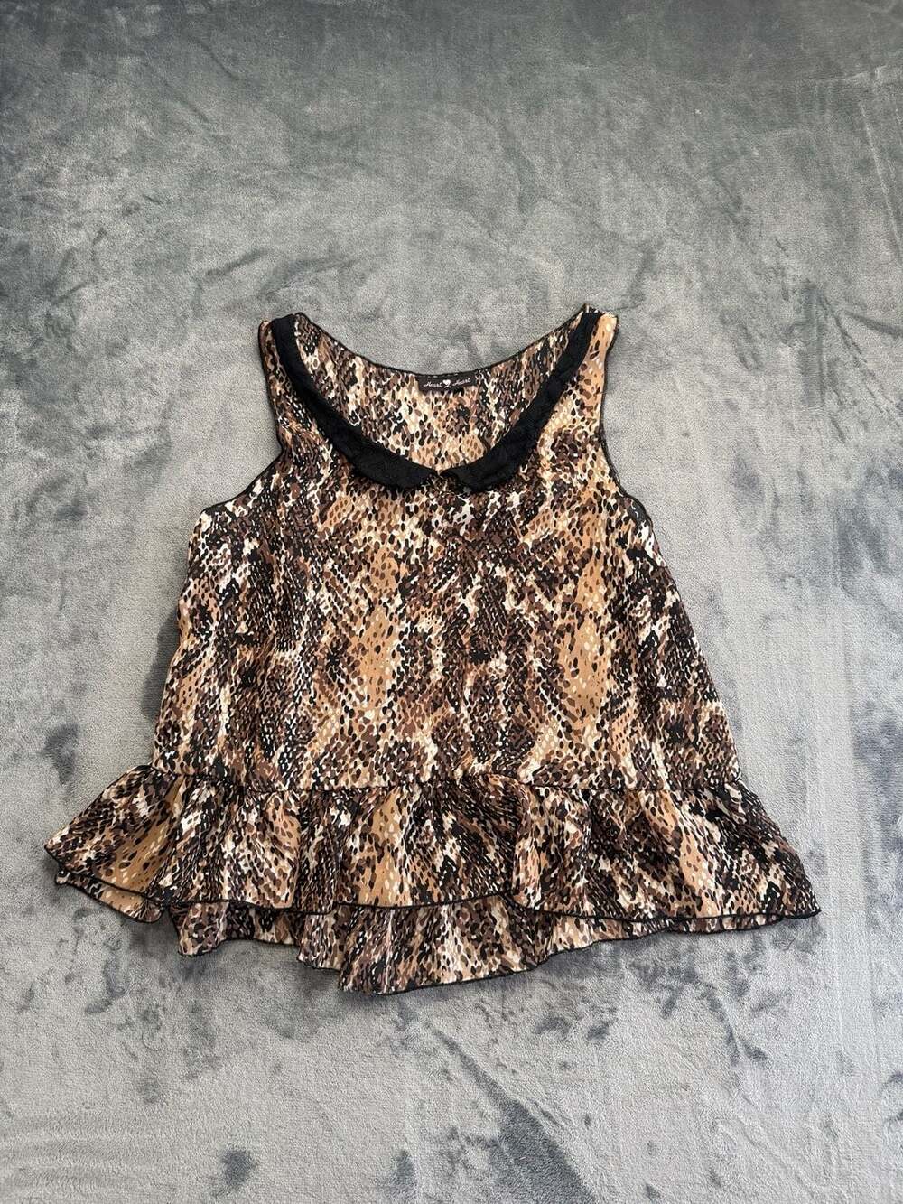 Heart 2 Heart Animal Print Sleeveless Peplum Tank Top with Black Lace Collar